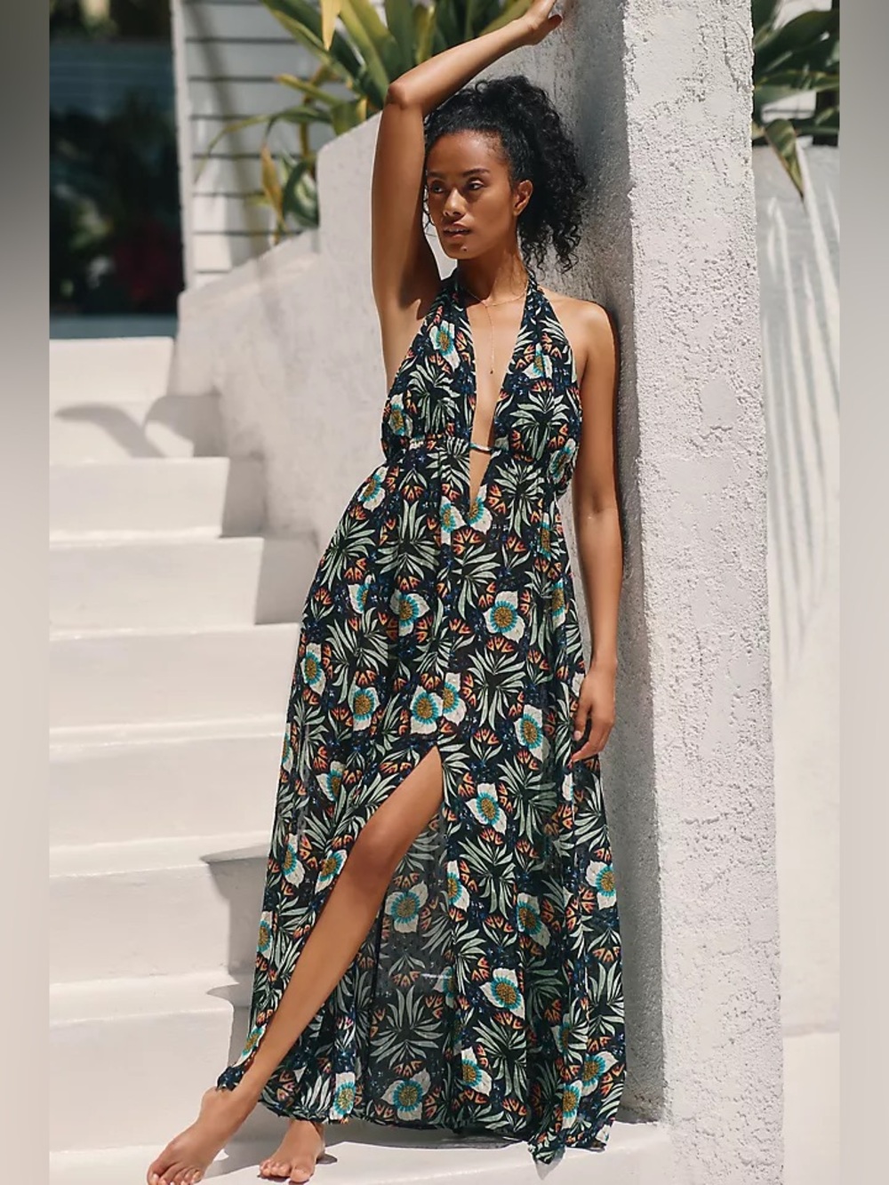 Anthropologie‎ Brenda Quinn Floral V Neck Halter Maxi Dress Medium